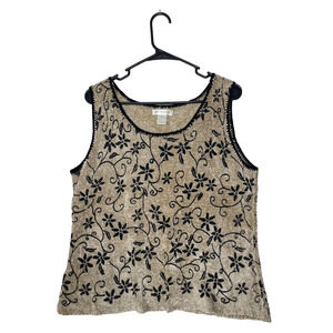Vintage Y2K Knit Tank Womens Size M Chenille Floral Retro 2000s Cream Black Boho